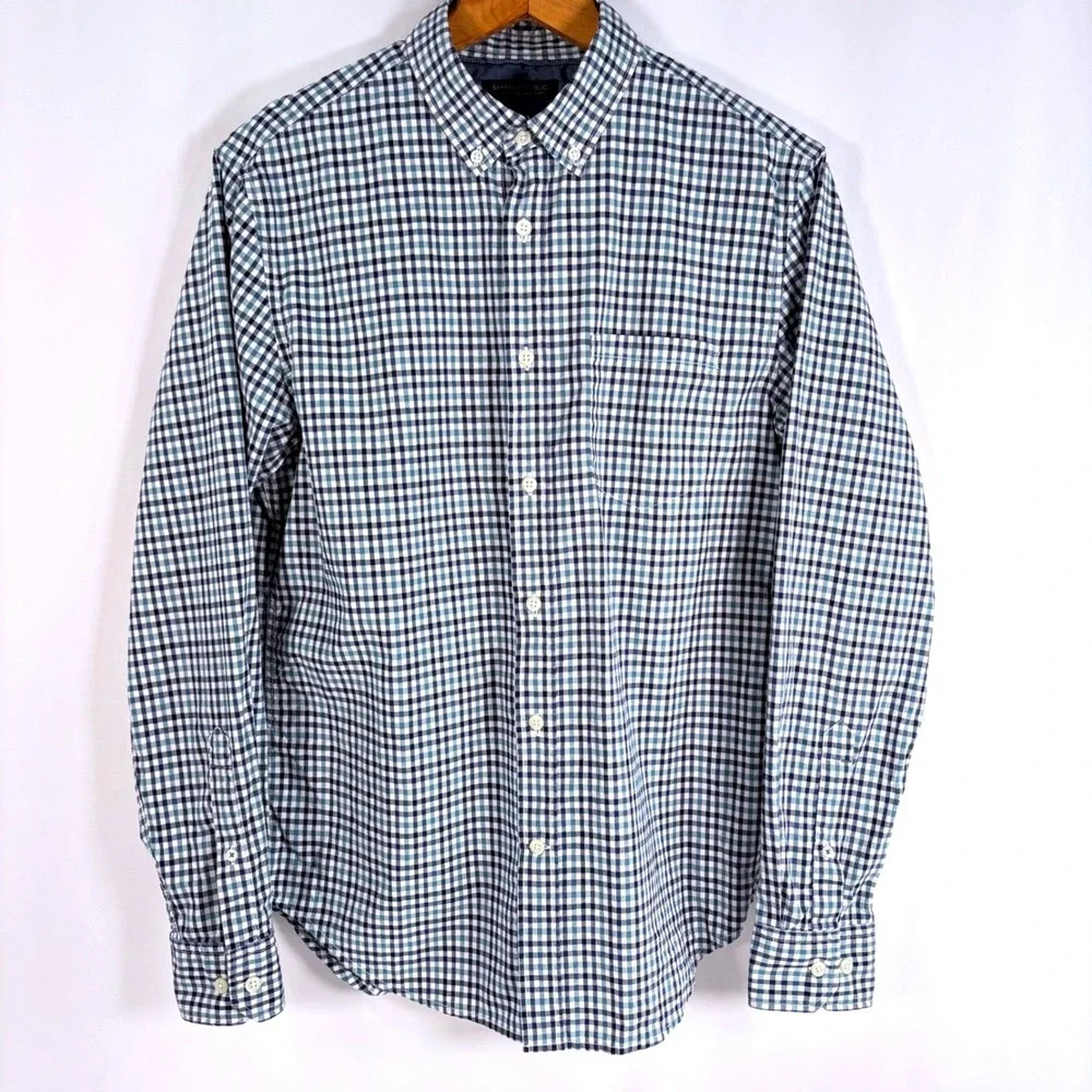 Banana Republic Button Down Shirt Blue White Gingham Grant Fit Custom 078 Wash M